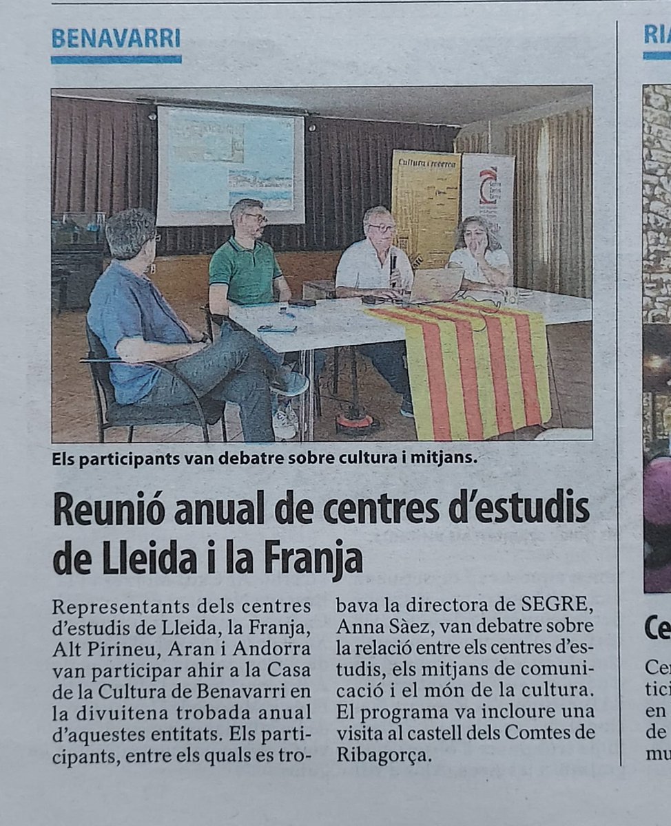 Avui <a href="/SEGREcom/">SEGRE</a> es fa ressò de la trobada d'ahir a Benabarri
<a href="/CECERIb/">CERIb</a> <a href="/ccentresestudis/">Coordinadora Centres d'Estudis de Parla Catalana</a> <a href="/iramunt/">Institut Ramon Muntaner</a>