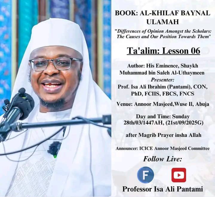 Tech_Guy00's tweet image. Darasin littafin &quot;Al-Khilaaf Bainal Ulamaah...&quot; zai ci gaba yau a Masallacin Annoor, Wuse 2, Abuja tsakanin Magrib da Isha in sha Allah. Wanda ya samu labari ya isar ga wanda bai samu labarin ba, please.
Allah Ya kara mana ilmi mai amfani duniya da lahira. @ProfIsaPantami