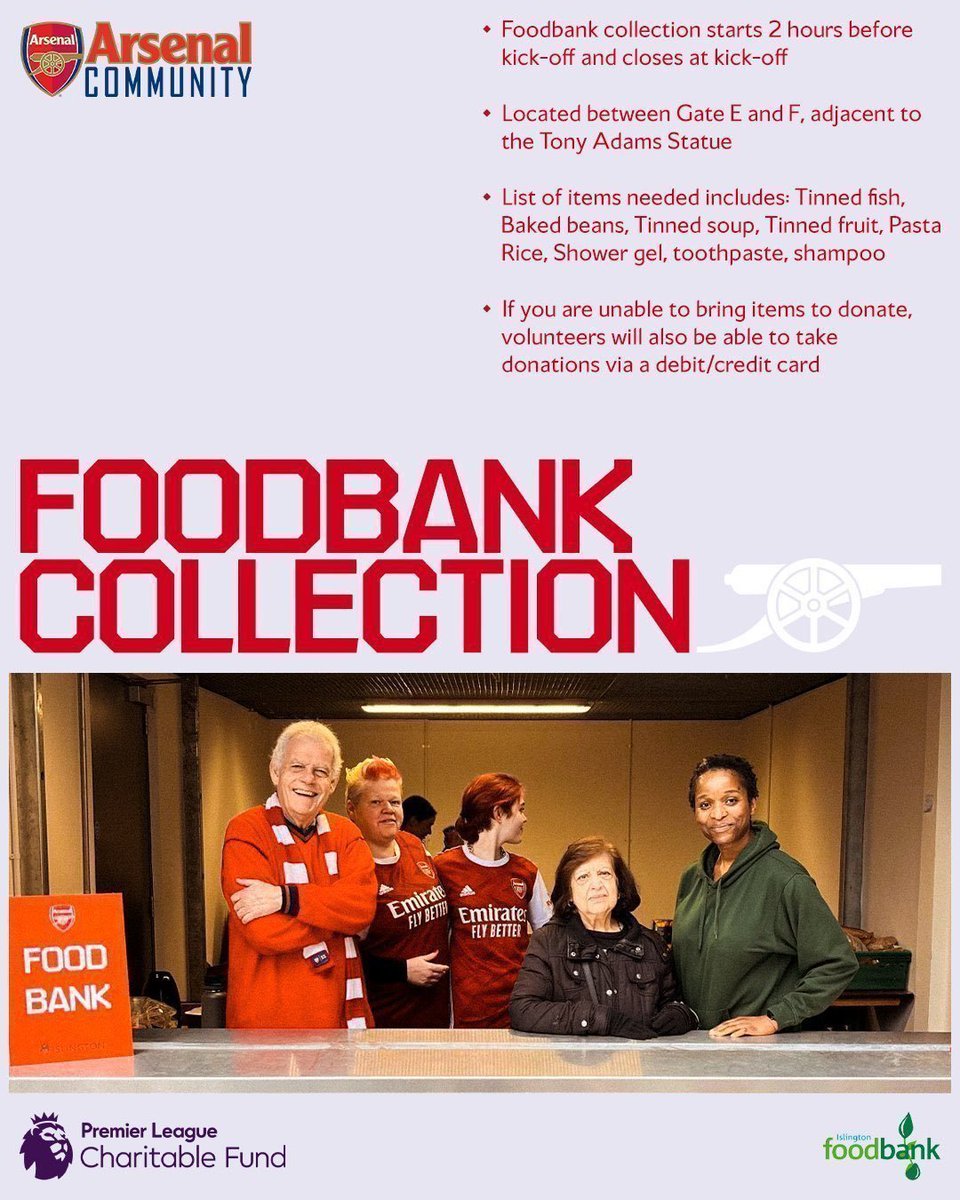 🚨 We’re back collecting for Islington Food Bank from 2.30pm until k/o before the Man City game today!

If you are able to donate, the drop-off point is opposite Gate E!

We are also able to take donations via debit card too.

Please RT and thank you 🙏