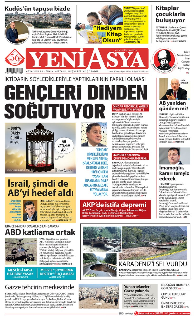21 Eylül 2025 Yeni Asya 1. Sayfa yeniasya.com.tr/e-gazete/