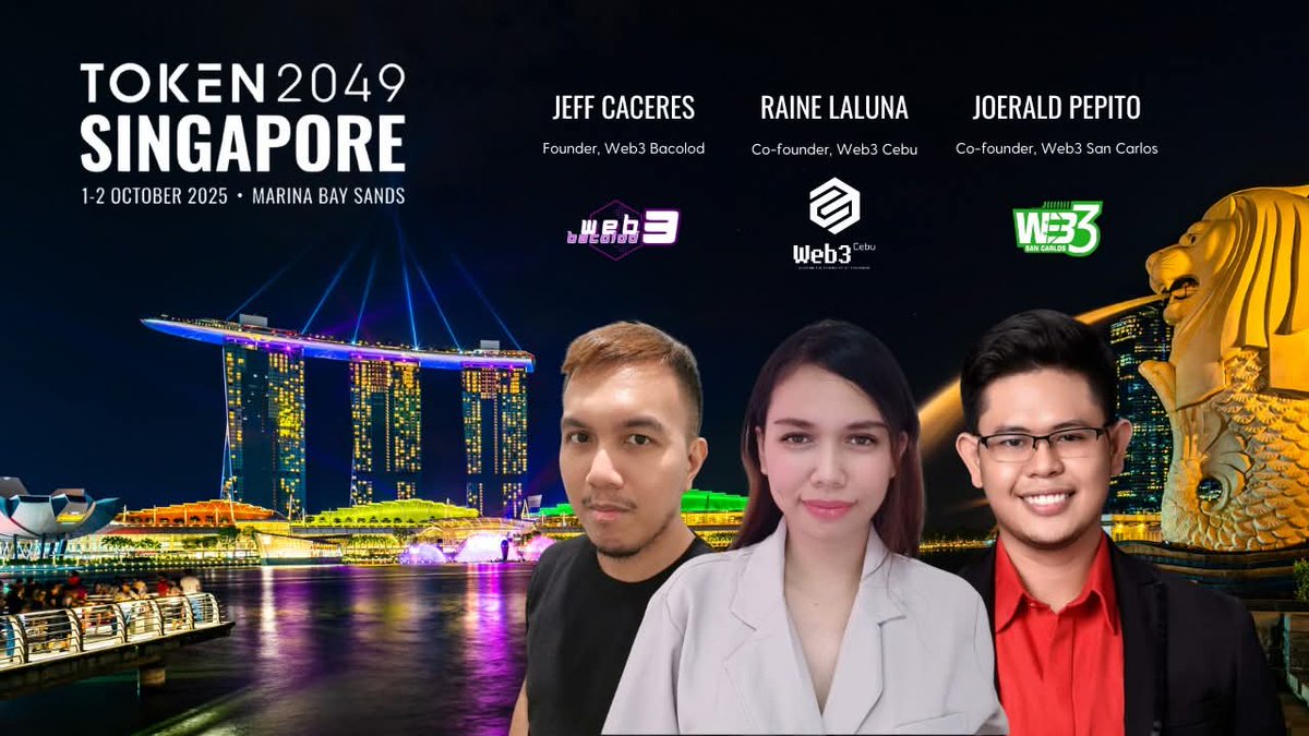 Our visionaries from the Visayas region in the Philippines are set to represent their local Web3 communities at <a href="/token2049/">TOKEN2049</a> this coming 1-2 October 2025 at the Marina Bay Sands Singapore! 🇸🇬

<a href="/iamraine_/">Raine</a> <a href="/NomadFury_/">nomadfury.sol</a> <a href="/CryptologyAcad/">The Cryptology Journal</a> <a href="/web3Cebu/">Web3 Cebu</a> <a href="/web3bacolod/">Web3 Bacolod</a> <a href="/web3sancarlos/">Web3 San Carlos</a>