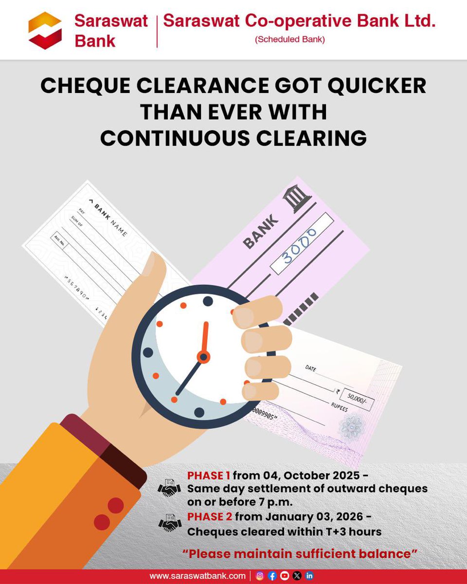 Experience faster and more secure cheque clearing! The new Cheque Truncation System (CTS) continuous clearing starts October 4, 2025, enabling same-day settlement for outward cheques.

#SaraswatBank #Banking