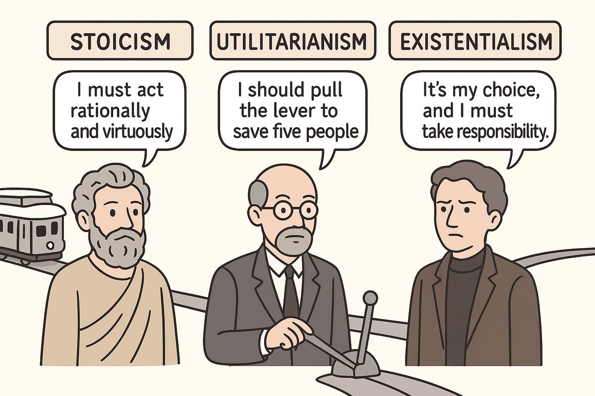nullers's tweet image. 电车难题🚋
三种哲学，三种答案：

・斯多葛主义：保持理性 🌿
・功利主义：计算结果 ⚖️
・存在主义：承担选择🔥

同一根拉杆，不同的人生观，你会怎么拉？
#电车难题 #TrolleyProblem