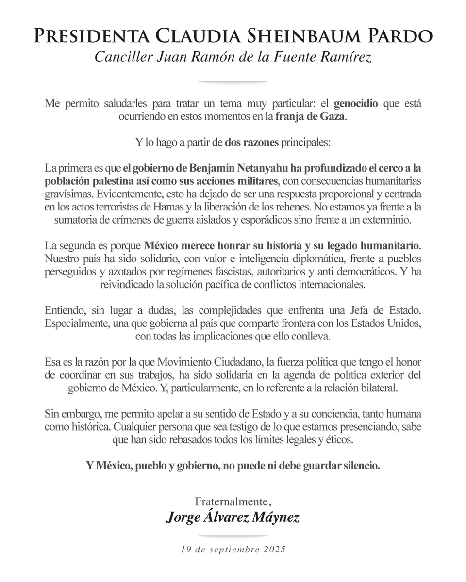 El viernes pasado, respetuosamente, le hice llegar una carta a la presidenta de México 🇲🇽, <a href="/Claudiashein/">Claudia Sheinbaum Pardo</a>, y al canciller de nuestro país.

José Martí nos hizo saber que Patria es humanidad y hoy estamos obligados a no olvidarlo.

Es tiempo de alzar la voz y defender a quienes
