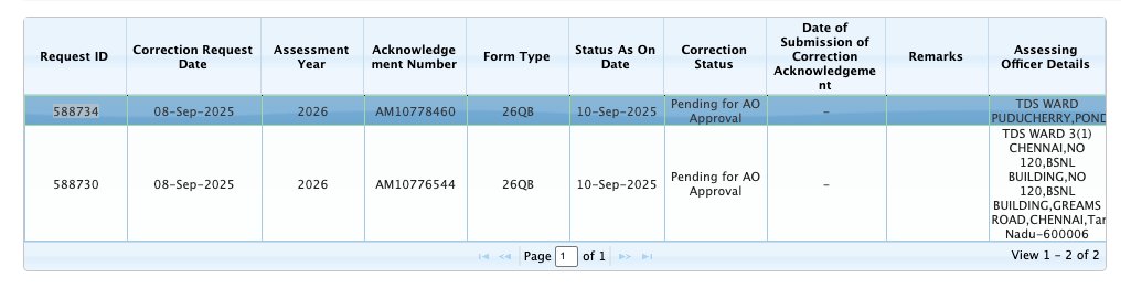 sujanbala's tweet photo. @IncomeTaxIndia I have filed for 26QB correction and waiting for AO approval. It has been more than 2 weeks since I submitted this request. I would like some help in moving these files to closure so that I don't have to pay penalty. Please help. https://t.co/6Ofr0lXjUn