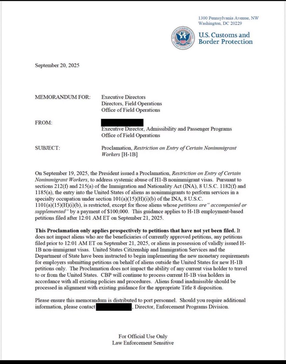 President #Trump’s updated H-1B visa requirement applies only to new, prospective petitions that have not yet been filed. Petitions submitted prior to September 21, 2025 are not affected, according to #US Customs and Border Protection. Don’t worry, H-1B visa holders. #H1B #USA