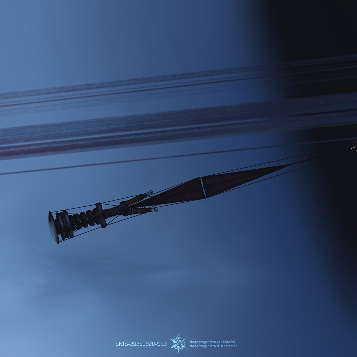 Protagonist2114's tweet image. quick unprompted #SST25 drawing of a longboi arriving in orbit just after a deceleration burn

#spaceshiptember