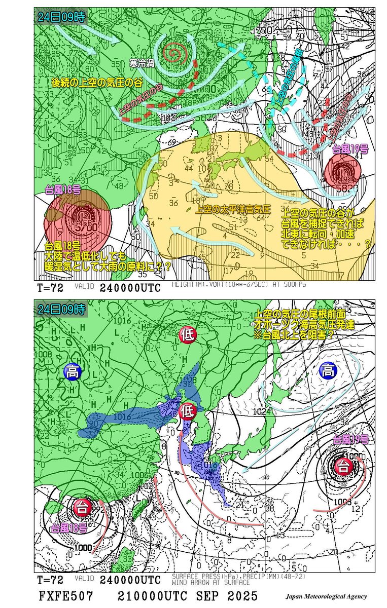 気象庁GSMモデル 最新データ（初期値21日09時）24日09時予想

台風19号は、24日朝の段階で北緯30度の北側。
上空の気圧の谷は台風北西側で、偏西風（高気圧縁辺流）強風帯が台風の南側に貫入する可能性。

「現時点で」24日夜には北東方向に転向する可能性は期待でき・・・そうかな？？
＃台風19号