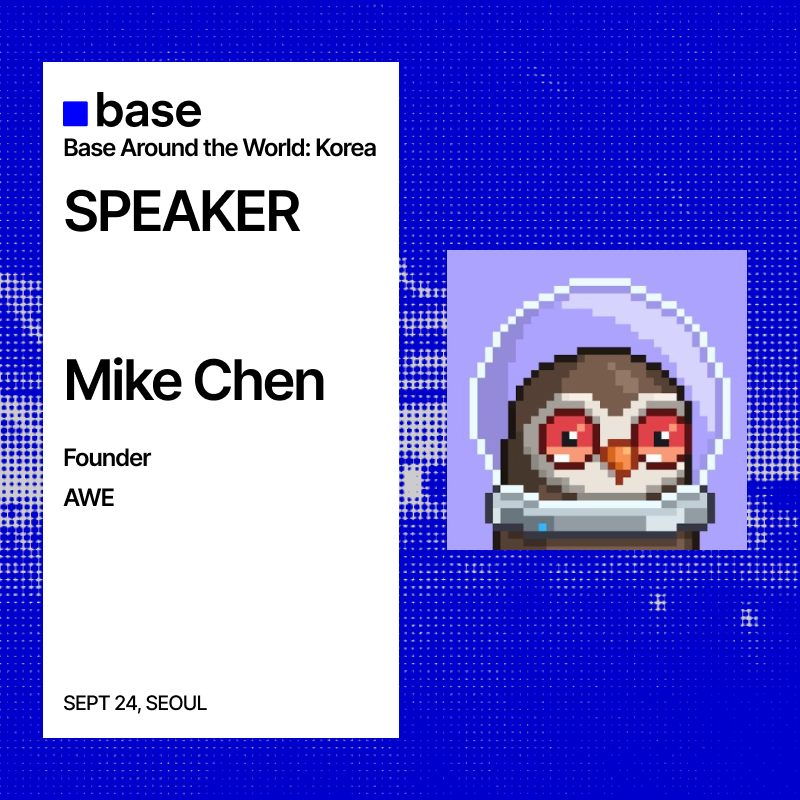 Welcome <a href="/MHCGBIC/">M</a>, Founder of <a href="/awenetwork_ai/">AWE</a> to Base Around the World: Korea!

AWE Network is opening the portal to Autonomous Worlds where AI Agents collaborate, adapt and evolve with their Autonomous Worlds Engine (AWE) framework.

At Base Around the World: Korea, he will join