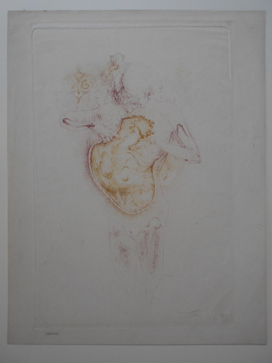 作品紹介～ハンス・ベルメール銅版画「夜咲く薔薇」1966年、直筆サイン。量産版はモノクロですがこちらは多色の試作版です。