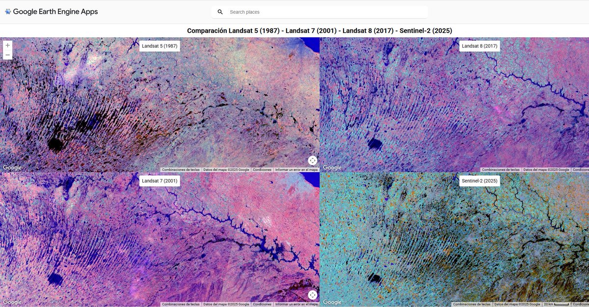 eduardo_rollero's tweet image. ¡Impacto de las inundaciones a lo largo de las décadas! 🌊
Visor interactivo en #GoogleEarthEngine que compara imágenes de Landsat 5, 7, 8 y Sentinel-2. Los mapas están sincronizados espacialmente para que se pueda analizar los eventos de 1987, 2001, 2017 y 2025. 
👇…