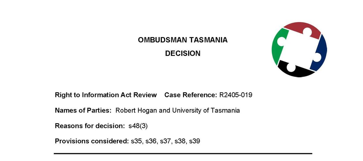 theutaspapers's tweet photo. Another Ombudsman decision against UTAS underlines the University’s culture of secrecy

The Tasmanian Ombudsman has decided another Right to Information (RTI) case in my favour against UTAS - that's 5 out of 5 now.

I have published the decision in a blog post at: https://t.co/gWdpeNAf6V

My blog post also provides commentary on UTAS' RTI record and it's woeful lack of public transparency.

I also take a close look at UTAS' submission, made on behalf of VC Black, to the Independent Review of Tasmania’s Right to Information Framework - a document that says way more about UTAS (and VC Black) than it does about RTI.

#politas
@WilkieMP
@LeonCompton
@AdamHolmes010
@MattDenholm
@BarnsGreg