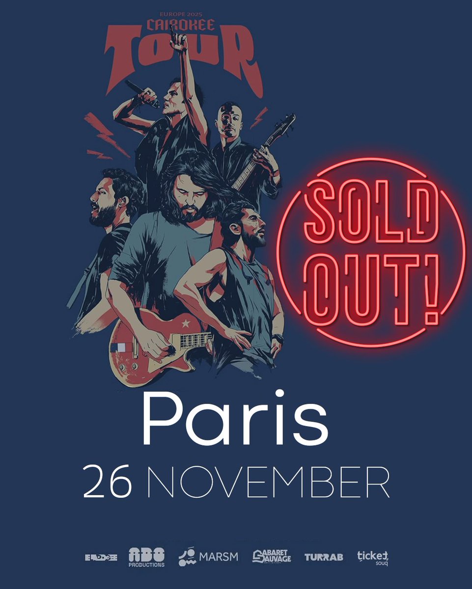 #Paris is officially SOLD OUT! 🔥

#Cairokee ’s Europe Tour is on fire, and tickets are flying fast.
Coming up: Vienna, Berlin, Geneva
Don’t wait till it’s too late. Secure your spot now and be part of the energy!

Tickets available exclusively on Ticket Souq 🎟 Link in bio