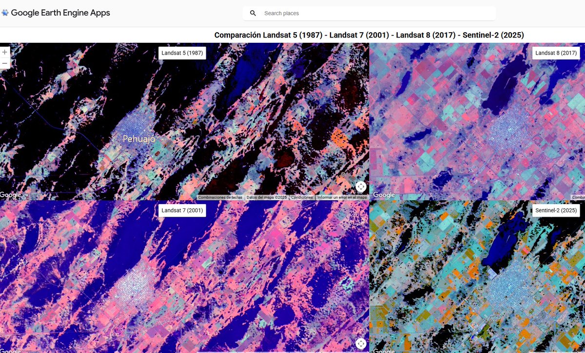 eduardo_rollero's tweet image. ¡Impacto de las inundaciones a lo largo de las décadas! 🌊
Visor interactivo en #GoogleEarthEngine que compara imágenes de Landsat 5, 7, 8 y Sentinel-2. Los mapas están sincronizados espacialmente para que se pueda analizar los eventos de 1987, 2001, 2017 y 2025. 
👇…