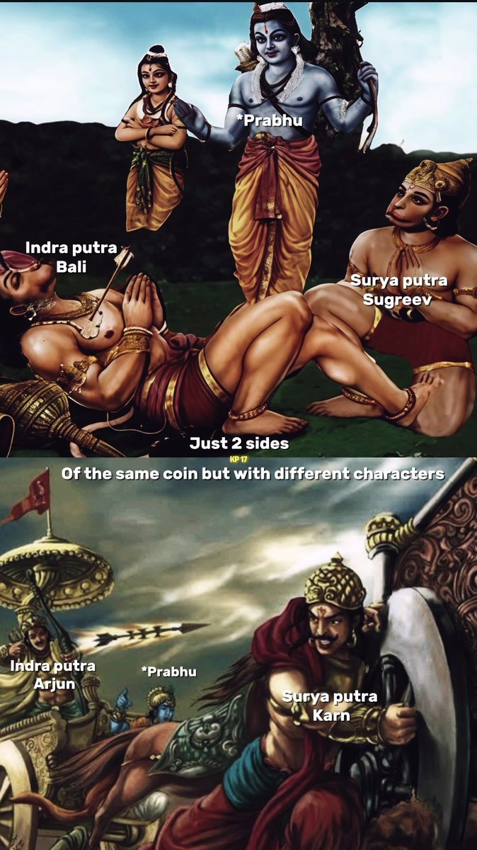 Krishangyaan's tweet image. Explore the fascinating duality of mythology! Indra putra Bali &amp;amp; Surya putra Sugreev, Arjun &amp;amp; Karn – two sides of the same coin with different destinies. Dive into epic tales! #Mythology #IndianCulture #EpicStories #History #Learn

Which side resonates with you?