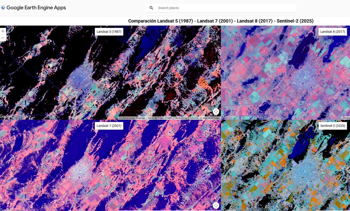 eduardo_rollero's tweet image. ¡Impacto de las inundaciones a lo largo de las décadas! 🌊
Visor interactivo en #GoogleEarthEngine que compara imágenes de Landsat 5, 7, 8 y Sentinel-2. Los mapas están sincronizados espacialmente para que se pueda analizar los eventos de 1987, 2001, 2017 y 2025. 
👇…
