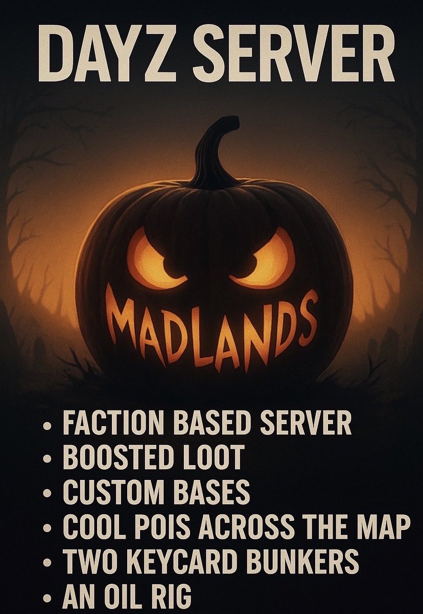 gavinr_m's tweet image. 💬 Join the Community:
📲 discord.gg/madlandsdayz
👥 Chat, squad up, get help, and join server events!

---

👑 PvP. Trade. Build. Raid. Rule.
Welcome to MADLANDS — The Ultimate PS5 PvP DayZ Experience