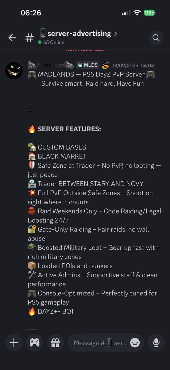 gavinr_m's tweet image. 💬 Join the Community:
📲 discord.gg/madlandsdayz
👥 Chat, squad up, get help, and join server events!

---

👑 PvP. Trade. Build. Raid. Rule.
Welcome to MADLANDS — The Ultimate PS5 PvP DayZ Experience