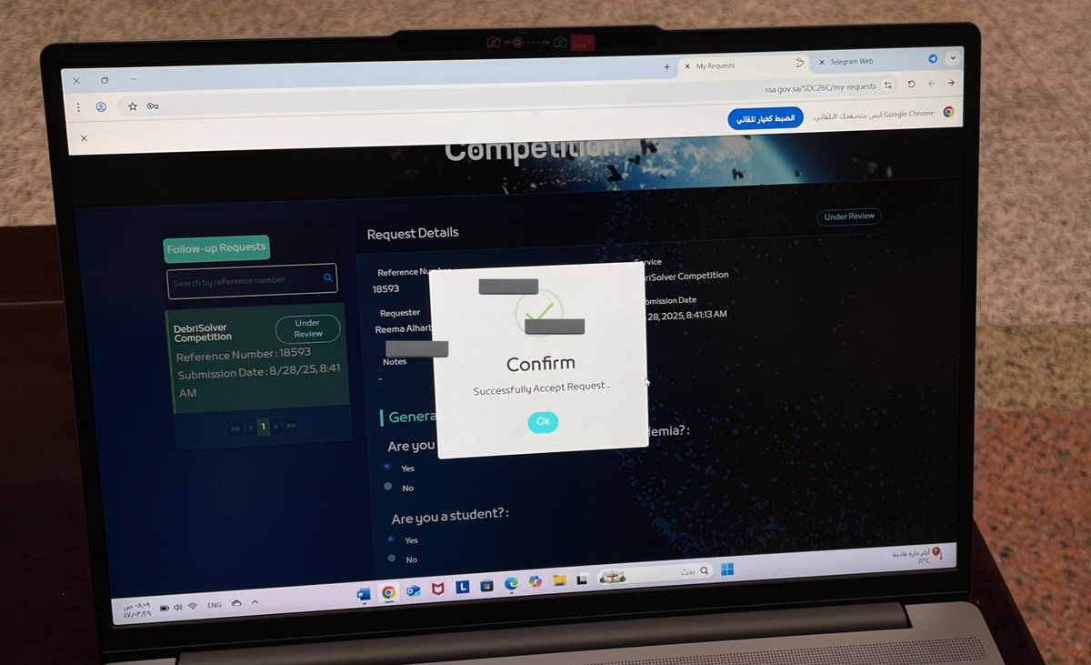 rarsolar's tweet photo. اتشرف بتمثيل قسم الفيزياء بجامعة طيبة بمسابقة DebriSolver وهي مسابقة عالمية تنظمها وكالة الفضاء السعودية لإيجاد حلول لأبرز تحديات الفضاء الحطام الفضائي ، تم قبول الفكرة وتم تأهيلي لـ Stage 3 وسلّمت ورقتي البحثية الحمدلله 
@taibahu @saudispace #DebriSolver 
On my way to Stage 4 🚀 https://t.co/45tl1IvLQl