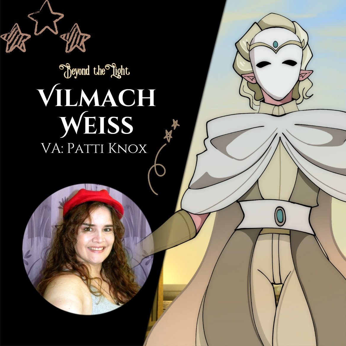BeyondtheL1ght's tweet image. Introducing one of our upcoming characters, Vilmach! 🎭🤍
The brilliant advisor herself will be voiced by the talented @PattiKnoxVA ✨
#beyondthelight #indieanimation #voiceactor