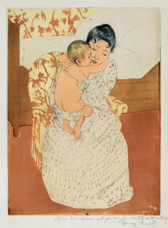 womensart1's tweet photo. Mary Cassatt (1845 - 1926), 'Mother and child' c.1890, hand coloured etching.  The artist was influenced by Japanese prints and pioneered in her refections of parent child bonding #WomensArt https://t.co/9D2LOEgM9d