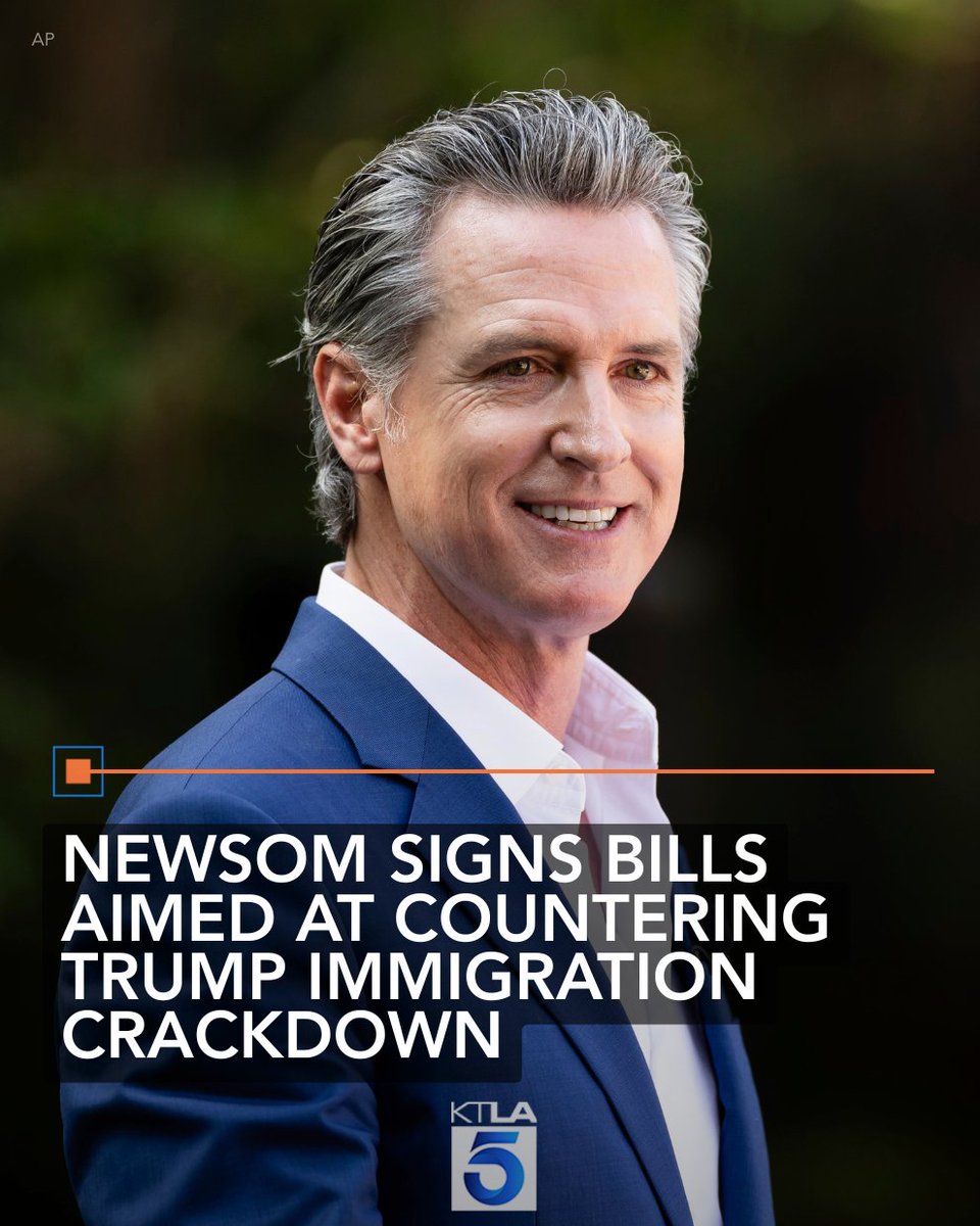 KTLA's tweet photo. California Gov. Gavin Newsom signed five new laws aimed at limiting federal immigration enforcement in schools, hospitals and other settings, drawing sharp criticism from Trump administration officials who argue the measures cannot restrict federal agents. Details: https://t.co/ycq876RobR