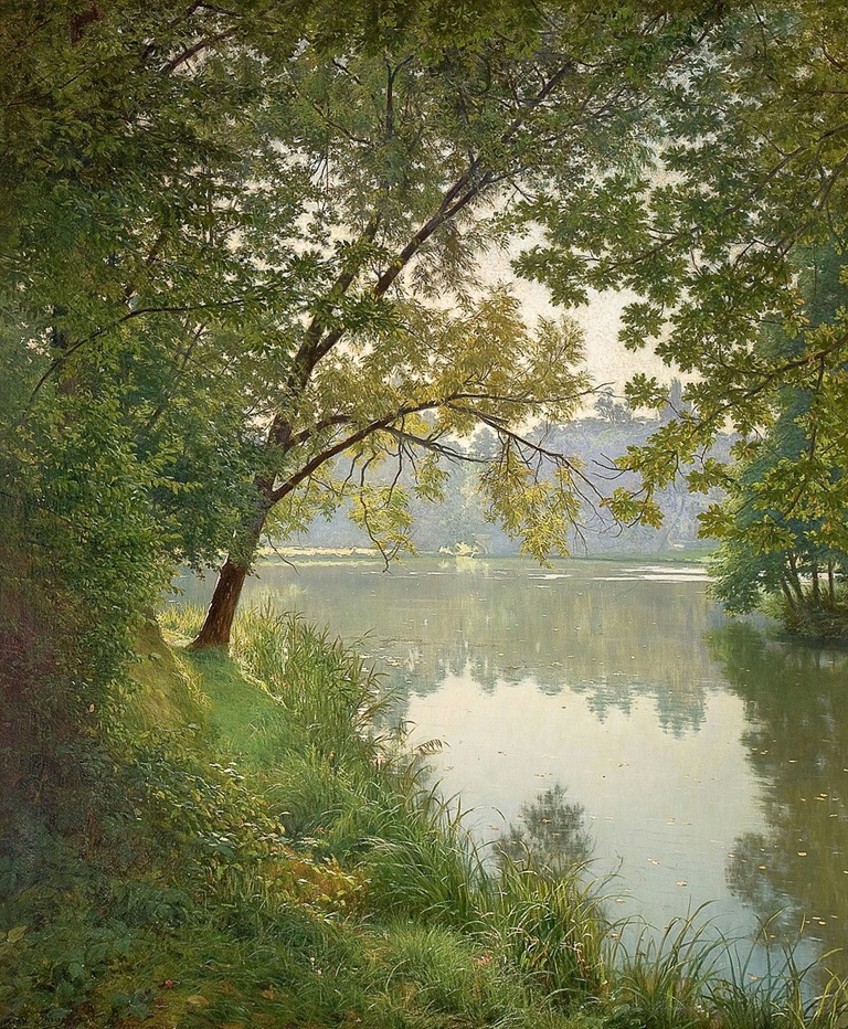 In the relatively undisturbed countryside outside Paris, Henri Biva depicts the river in the early morning, focusing on strong light effects and foliage detail (Morning at Villeneuve l’Etang: From Waters Edge, 1905)
