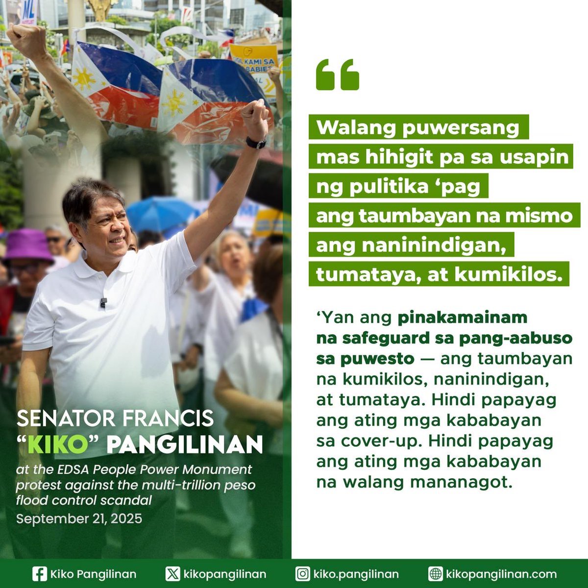 WALANG PUWERSANG MAS HIHIGIT PA SA TAUMBAYAN NA NANININDIGAN, TUMATAYA, AT KUMIKILOS LABAN SA PANG-AABUSO 💪

Ang pinakamainam na safeguard laban sa pang-aabuso sa puwesto ay ang taumbayan na kumikilos, naninindigan, at tumataya.

Kasama tayo ng taumbayan sa panawagan ng hustisya