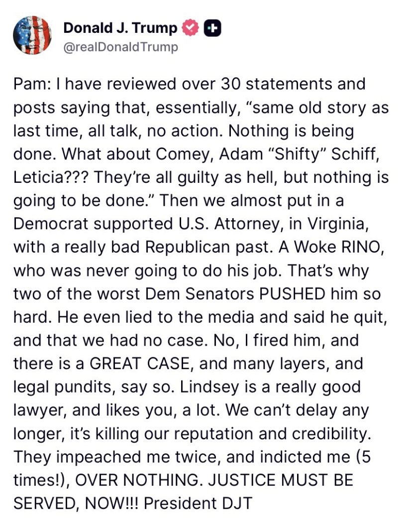 In what world, is it not illegal and/or impeachable for the President to conspire with his Attorney General to use the levers of government to punish his political enemies?

This is like the entirety of All the Presidents Men shrunk down into one Truth Social post.