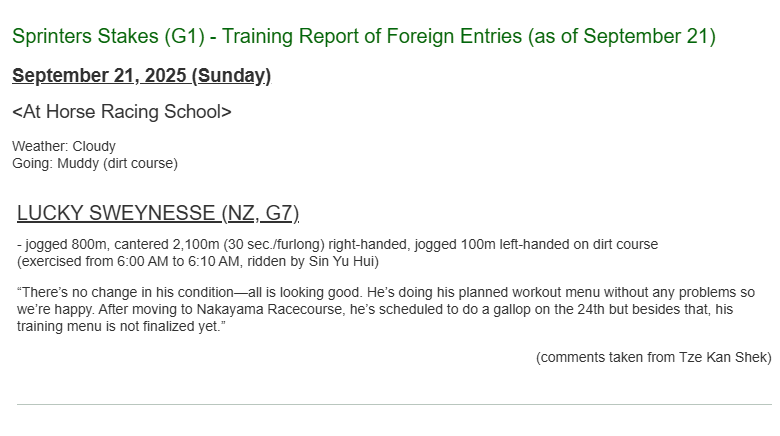 HorseRacing_JPN's tweet photo. Sprinters Stakes (G1) - Training Report of Foreign Entries (as of September 21)
Lucky Sweynesse
https://t.co/QdYxhS9WRF
#horseracing #jra #SprintersStakes @HKJC_Racing https://t.co/usSnQrJXBF