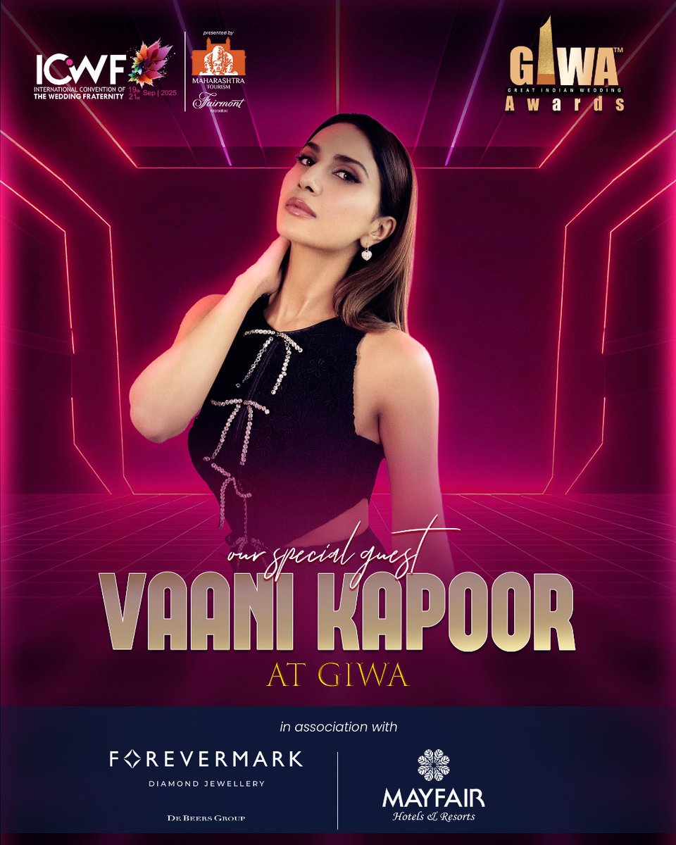 We are delighted to announce that the stunning Vaani Kapoor will be joining us as a special guest at GIWA 2025. Known for her elegance and dazzling presence, Vaani is set to make the awards nigh  spectacular! ✨

📍 21st September 2025 | Fairmont Mumbai

#ICWF2025