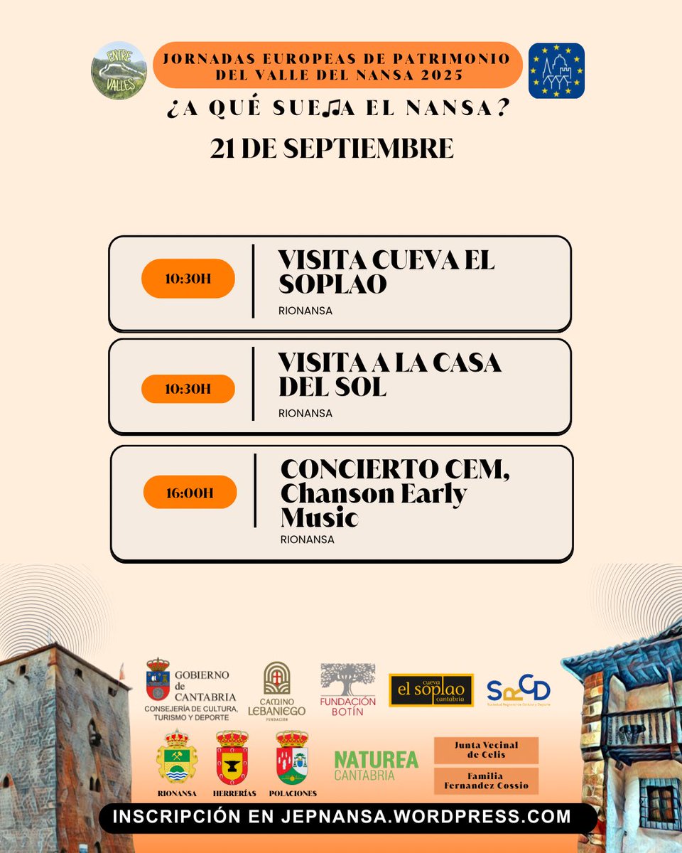 ☀️ Último día de las #JEPNansa 🌿✨
📌 Domingo 21/09 🐄 10:30h Casa del Sol (ganadería + desayuno) 🪨 10:30h Cueva El Soplao 👉 Actividades con inscripción previa
🎶 16h Concierto final en Torre de Obeso (CEM – Chanson Early Music) ✨ Gratuito hasta completar aforo