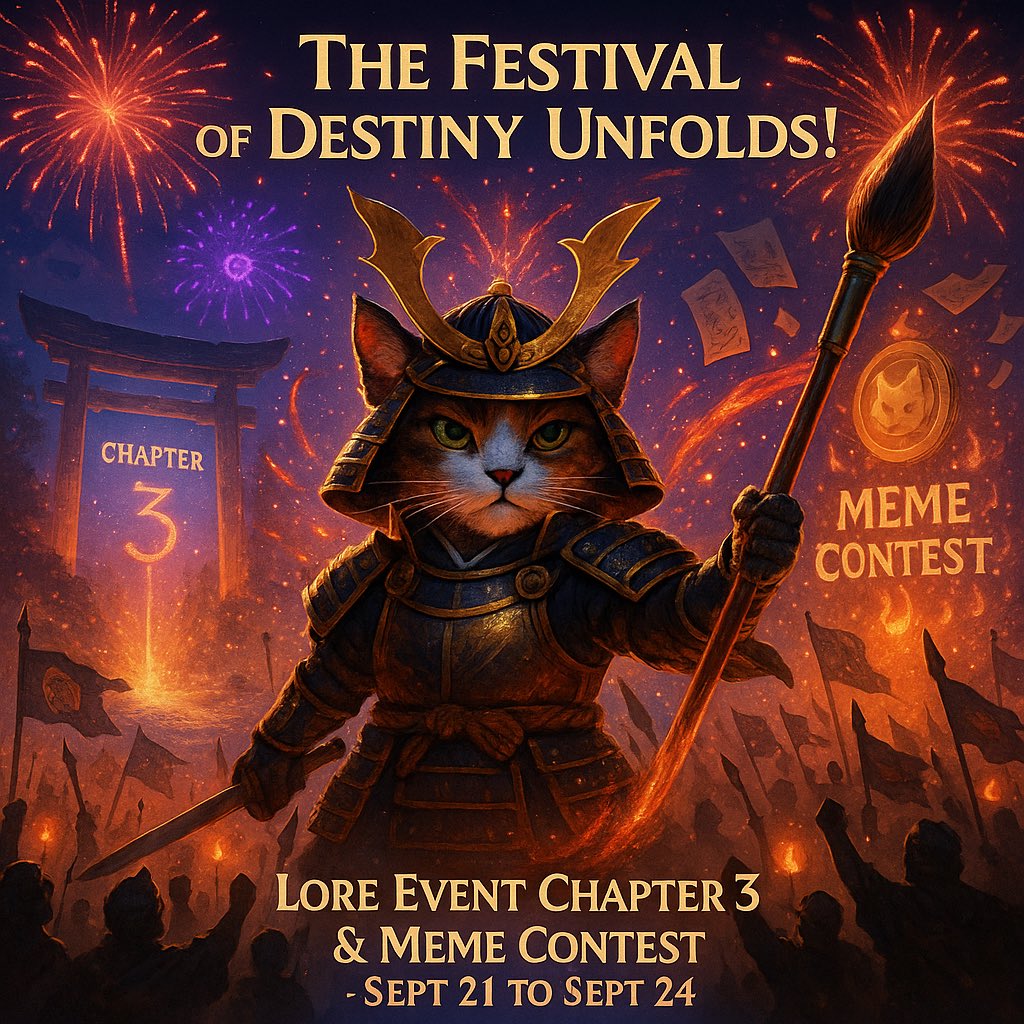 mikeneko_coin's tweet image. 🎆🔥 The Festival of Destiny Unfolds! 🔥🎆
🎉 Lore Event Chapter 3 & Meme Contest in Full Force! 🎉
Two great trials now shake Miketopia
📖 Choices in the lore will carve a new chapter
🎨 Memes will paint the vision of MIKE’s future
⏳ Event Period: Sept 21, 1:00 PM UTC to…