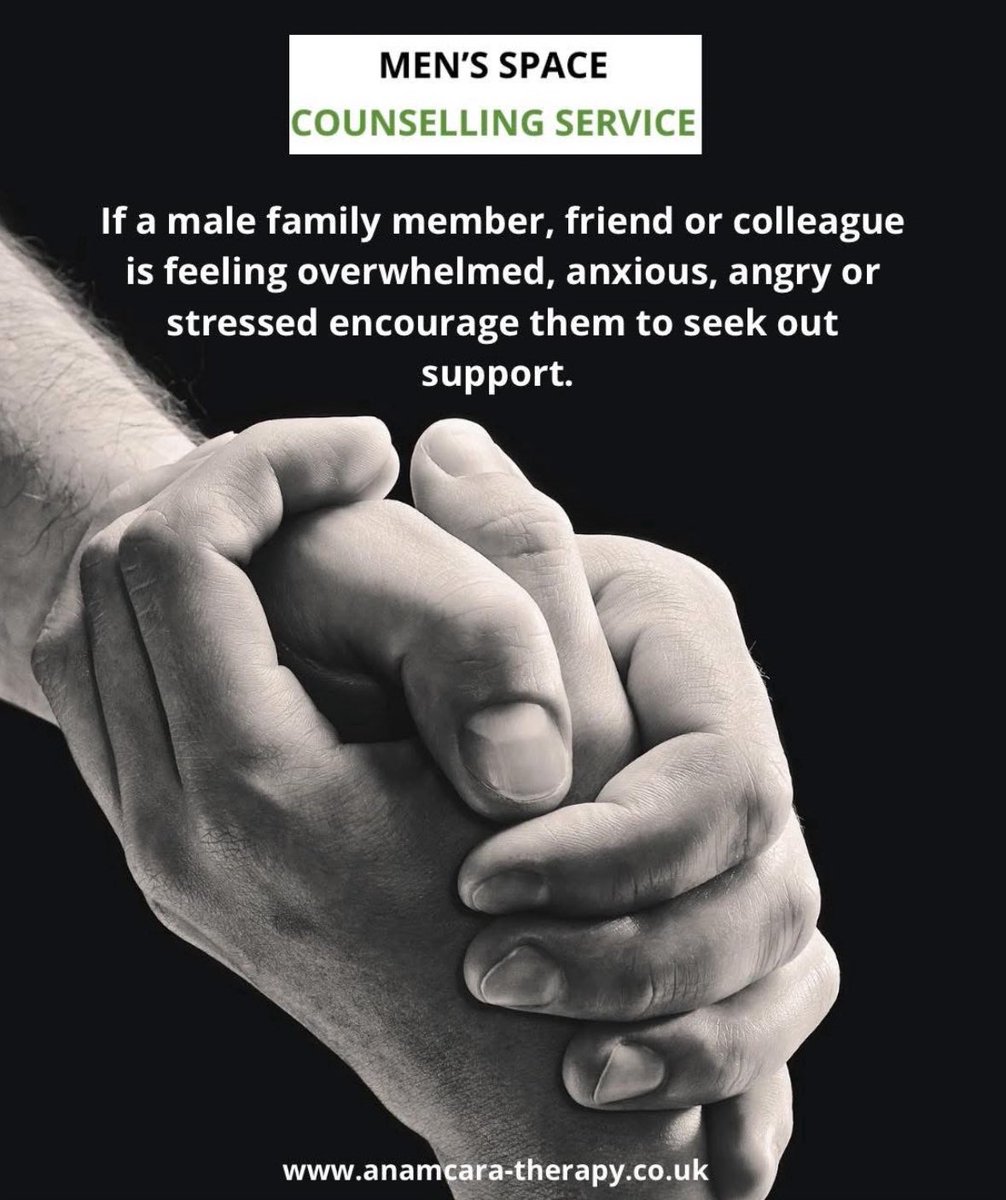 If a male family member, friend or colleague is feeling overwhelmed, anxious, angry or stressed encourage them to seek out support. We help men across #Newry, Mourne &amp; Down, #Louth &amp; #Banbridge. The support is male affirmative, confidential &amp; practical. 

anamcara-therapy.co.uk/contact