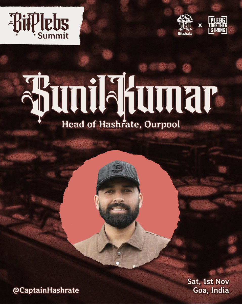 Bitplebs_in's tweet image. .@CaptainHashrate is powering up India’s mining movement through @OurPool_io - anonymous and direct wallet mining pool!

He joins @Bitplebs_in  to lead mining workshop and talk mining! Seize this opportunity. Limited Seats
🗓️ 1st &amp;amp; 2nd Nov
📍 Goa, India
🎟️ lu.ma/bitplebs