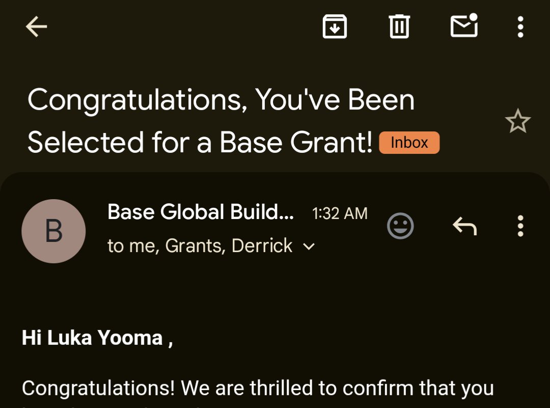 Super Excited to share that I have been selected for the <a href="/base/">Base</a>  Builders Grant and am grateful for the support and recognition as I continue building and contributing to the ecosystem.

Big thanks to  <a href="/BasedSouthernAF/">Base - Southern Africa</a>  <a href="/deriq_eth/">Derrick</a>  <a href="/jessepollak/">jesse.base.eth</a>  <a href="/Lady_Light_Lsk/">Liseli.base.eth</a>  <a href="/buildonbase/">Base Build</a>