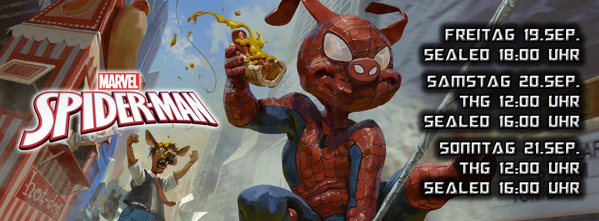 Ein letztes mal an diesem Wochenende laden wir euch ein bei dem Spiderman Prerelease mitzuspielen. Die Netze für die Schurken sind gespannt!

Heute, Sonntag 21.09.25
12:00 Uhr - THG
16:00 Uhr - Single Sealed

Startgebühr: € 40,--
Preise: 2 Booster pro Teilnehmer im Preispool