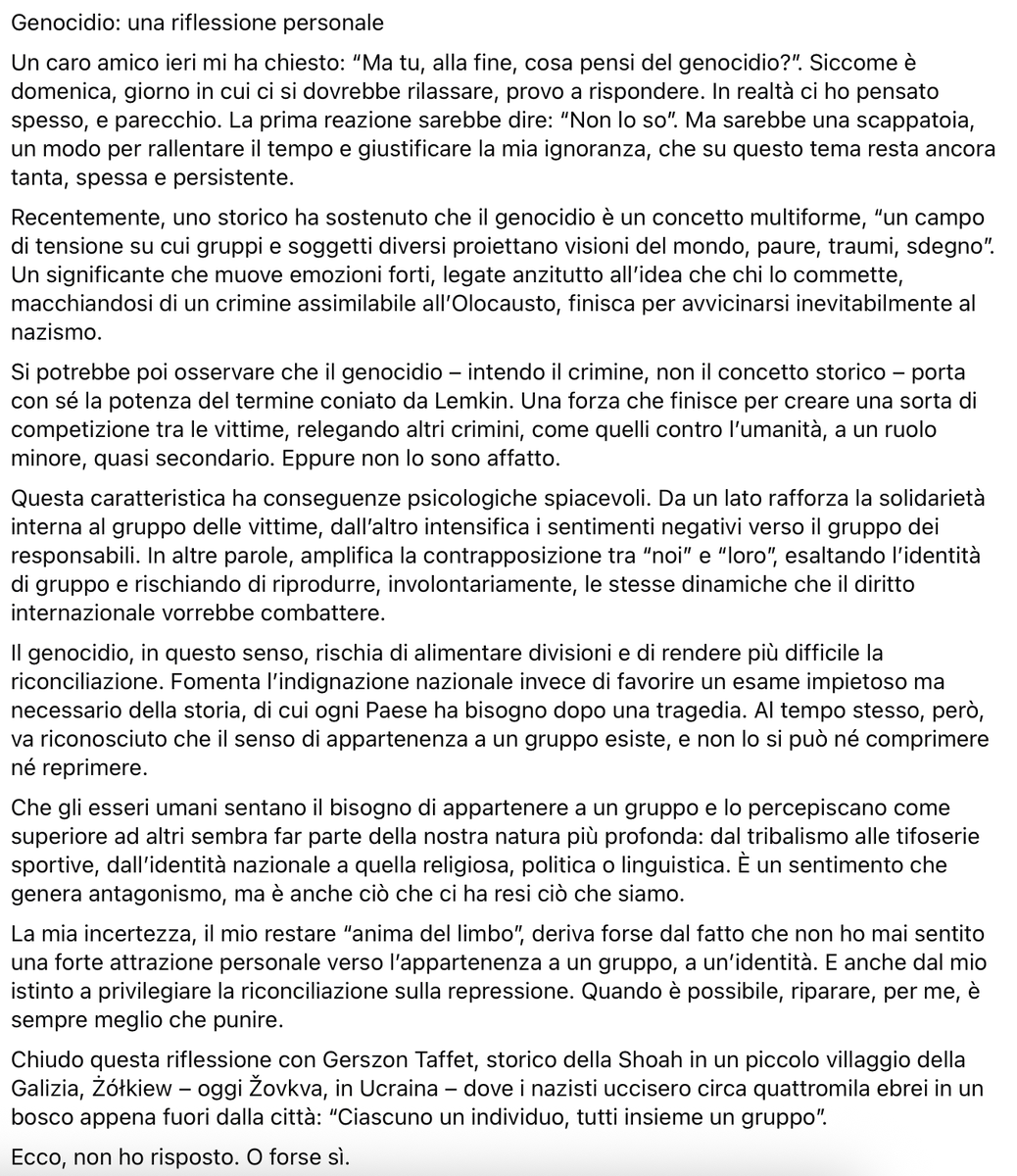 Sto scrivendo una storia giuridica del crimine di genocidio – del crimine, non del concetto storico. Poiché il tema è complesso, nonostante le semplificazioni che spesso circolano, condivido qui una mia riflessione personale già pubblicata su un altro social.

#genocidio