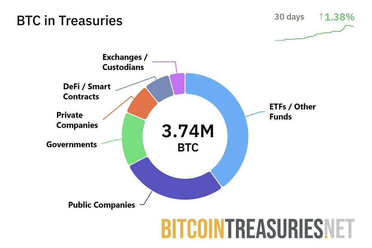 🥔CRIPTOVALUTE : "I tesoretti di Bitcoin detengono 3,74 milioni di BTC, pari al 18% dell'offerta totale"
