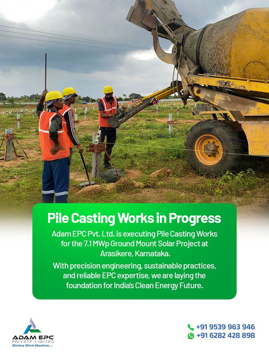 Adamepcpvtltd's tweet image. 🚧 Project Update:
Pile Casting Works underway at our 7.1 MWp Ground Mount Solar Project in Arasikere, Karnataka.
Strong foundations today → Reliable clean power tomorrow ⚡🌱
#RenewableEnergy #SolarPower #EPCProjects #CleanEnergy #AdamEPC