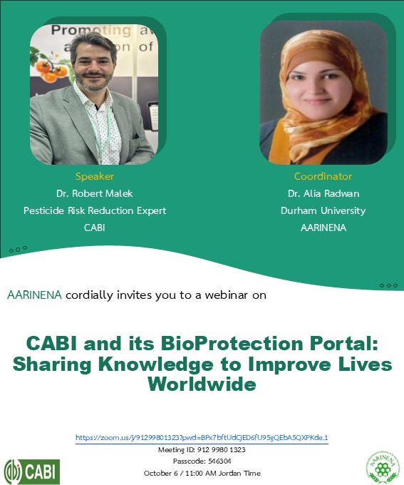 ✨ AARINENA is delighted to invite you to an inspiring webinar:

“Centre for Agriculture and Bioscience International (CABI) and its BioProtection Portal: Sharing Knowledge to Improve Lives Worldwide” 🌿🌍

🎙️ Dr. Robert Malek (<a href="/CABI_News/">CABI</a>)
🗓️ Oct 6 | ⏰ 11:00 AM (Jordan Time)