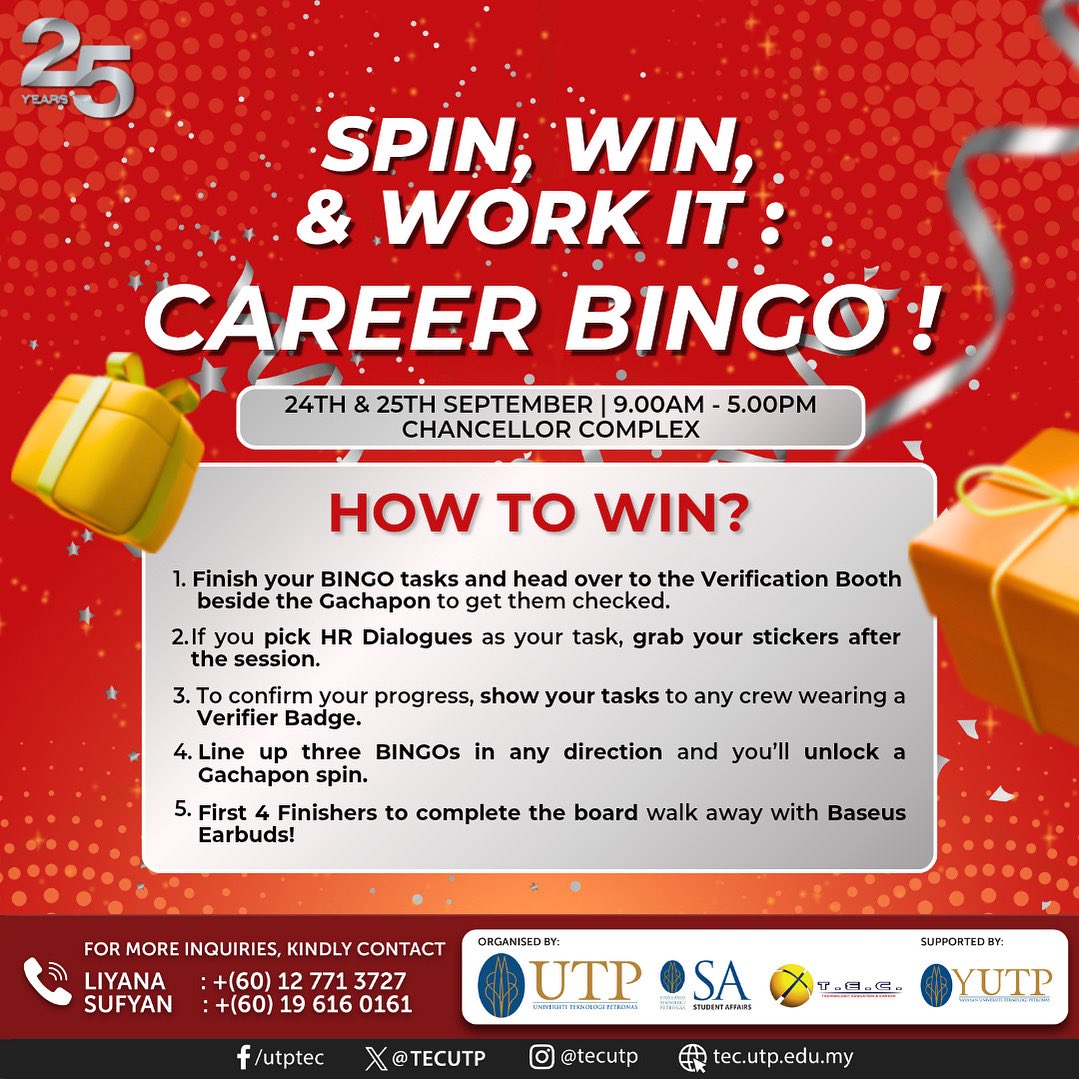 🎯 [SPIN, WIN &amp; WORK IT: CAREER BINGO!] 🎯

TEC25 brings you a whole new twist with Career Bingo! 📝🤩

Play as you explore, tick off your squares while connecting with amazing companies, and stand a chance to win exciting prizes as you network!

#TEC25 #UnveilingHiddenTalent