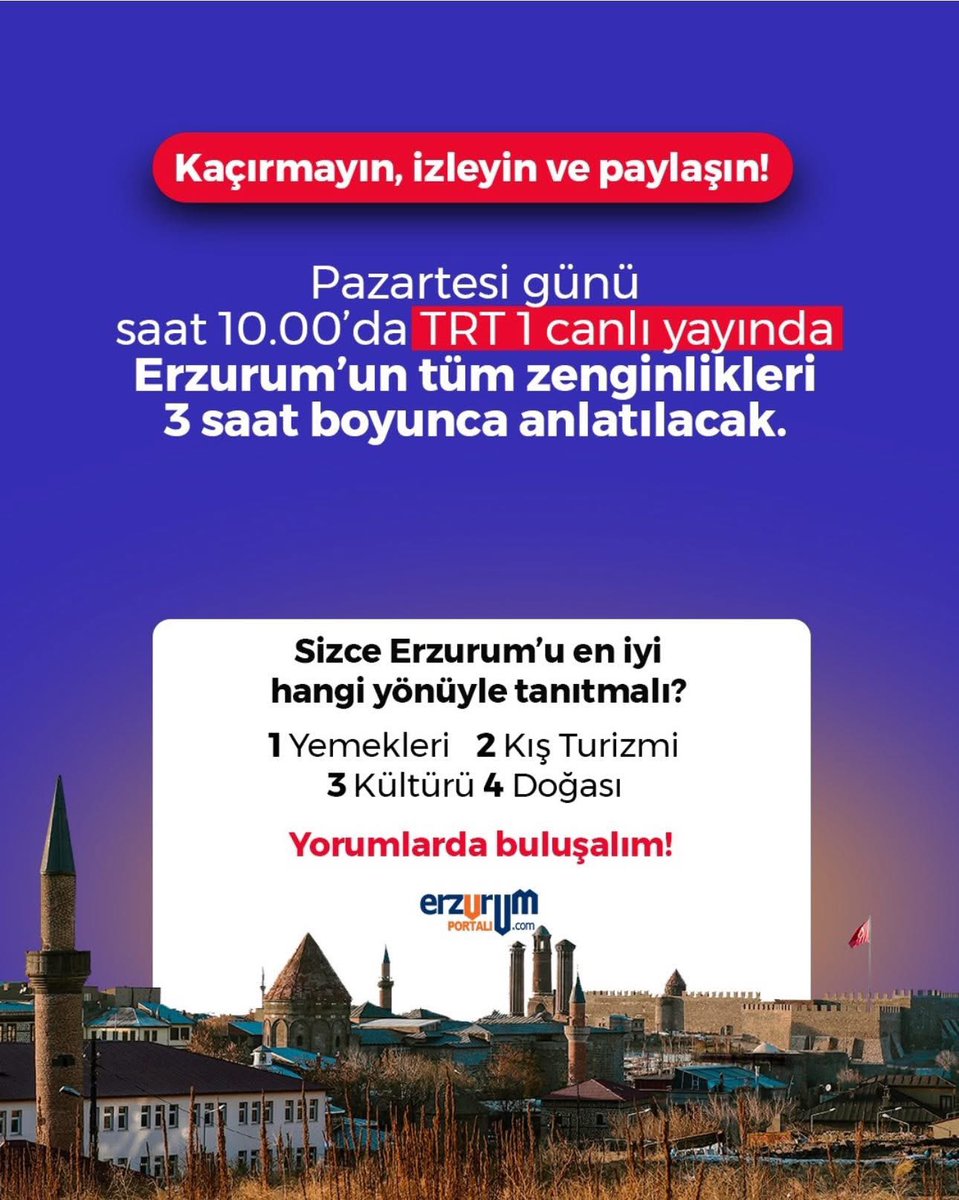 ErzurumPortali's tweet image. PAYLAŞ, DUYMAYAN KALMASIN❗️

Erzurum’un kültürü, lezzeti, müziği ve sanatı TRT 1 ekranlarına taşınıyor! 🎥

📌 Pazartesi günü saat 10.00’da canlı yayında Erzurum’un tüm zenginlikleri 3 saat boyunca anlatılacak.

#erzurum #dadaş #dadaşlar #erzurumlular #erzurumportali #trt