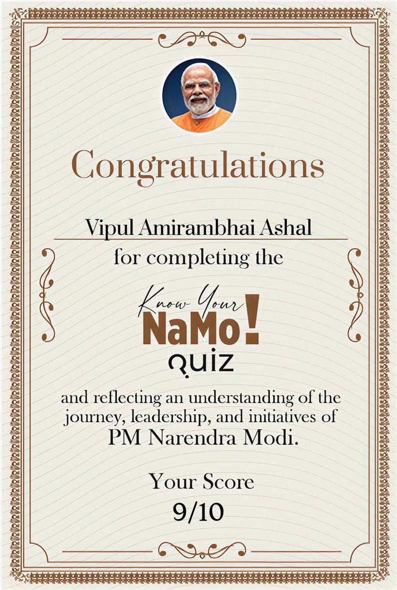 VipulJoshi_'s tweet photo. I just challenged myself with Know Your NaMo, and I must say, it's a great way to learn more about PM Modi's leadership and vision for India! Can you beat my score? Let's find out, #SevaParv Take the quiz now: https://t.co/k8yJnYnvLK https://t.co/5psmA2FNVJ