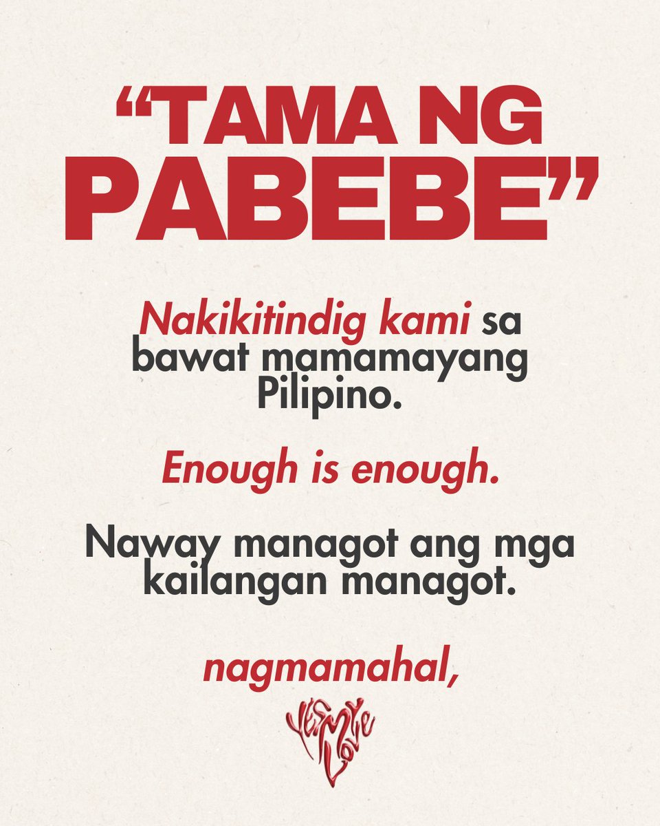 Para sa aming mga 143, and to every Filipino,

As an artists, but more importantly, as Filipinos, hindi namin kayang manahimik lang. We are standing with everyone in the call for truth, justice, and real accountability.

#143YesMyLove #BahaSaLuneta #TrillionPesoMarch