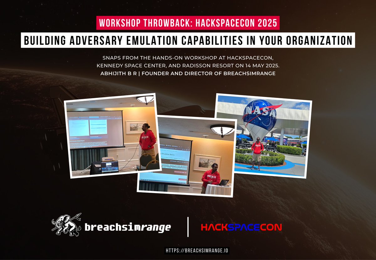 Throwback to <a href="/HackSpaceCon/">HackSpaceCon</a> 2025:
Snaps from the hands-on workshop "Building Adversary Emulation Capabilities in Your Organization" led by <a href="/abhijithbr/">Abhijith B R</a> at <a href="/HackSpaceCon/">HackSpaceCon</a> , Kennedy Space Center, and Radisson Resort on 14 May 2025.
Learn more: breachsimrange.io
#BreachSimRange