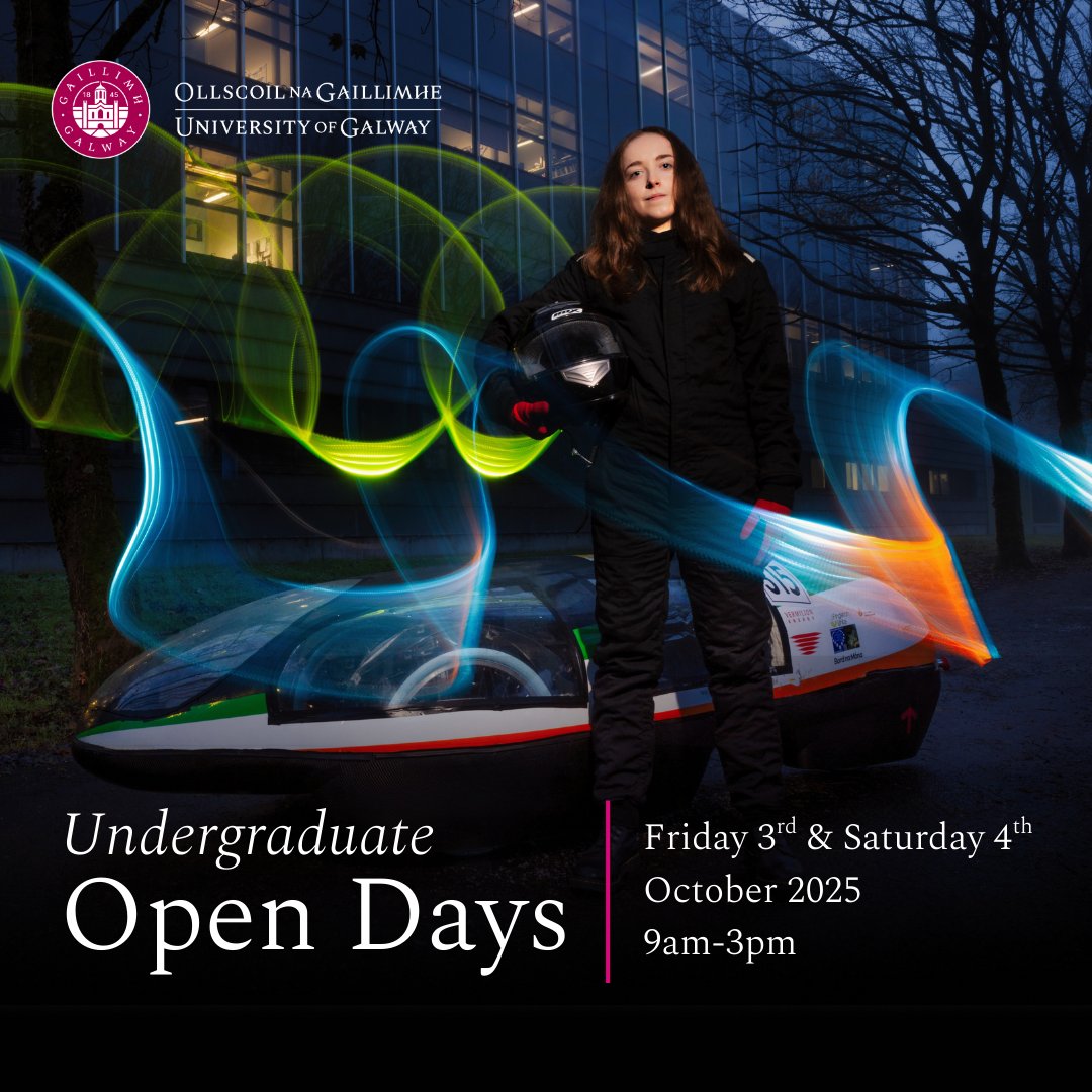 Discover what your future could look like at University of Galway! Our Undergraduate Open Days take place on Fri 3rd and Sat 4th October, from 9am to 3pm. Explore our campus, meet lecturers and students, and experience everything we have to offer.

University of Galway. Where