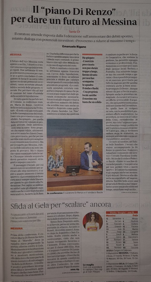 Oggi alle 15 la sfida interna contro il Gela. Prevista una buona cornice di pubblico. Ieri conferenza stampa della curatrice Di Renzo che attende sapere dalla federazione l'ammontare del debito sportivo. Barbera e Faranda pronti a fare calcio, ma insieme ad altri investitori.