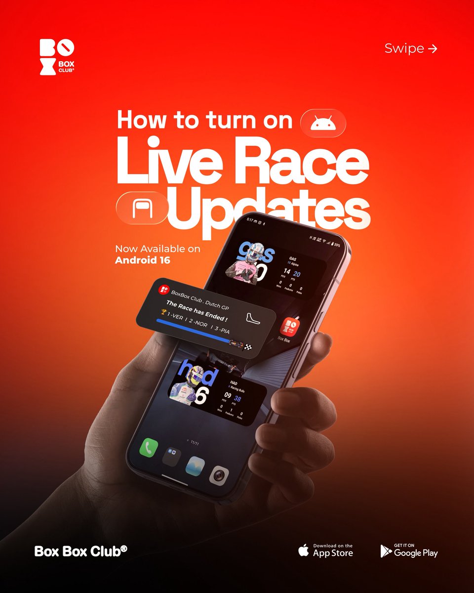 BoxBox_Club's tweet image. We are the first @F1 App to bring LIVE NOTIFICATION to the Android users!! 🏎️🦾

You get:
- Live race updates at a glance
- Instant position changes &amp;amp; flag alerts
- Notifications straight from your lock screen
- Flex around your F1 gang!

#android16 #livenotification #boxboxclub