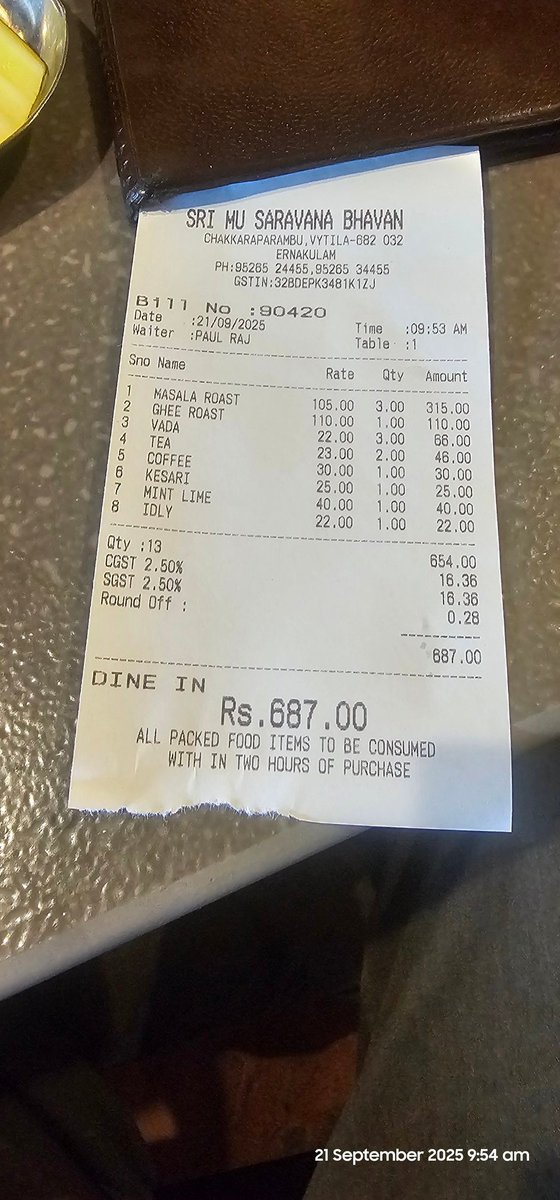 A normal breakfast charges in kochi for a family dinein